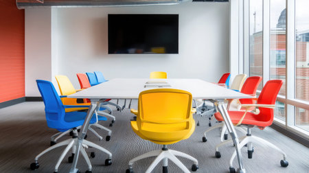A bright meeting space with a white conference table, colorful chairs, and a large wall-mounted monitor for presentations.の素材