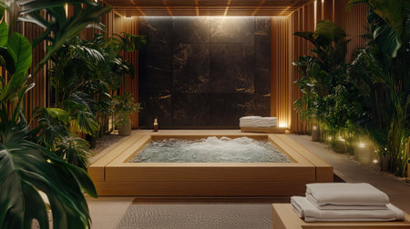 A tranquil hotel spa area with a bubbling hot tub, surrounded by lush indoor plants, soft lighting, and neatly folded towels ready for use.の素材