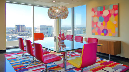 A bright and airy meeting room with a glass-top table, colorful seating, and floor-to-ceiling windows.の素材