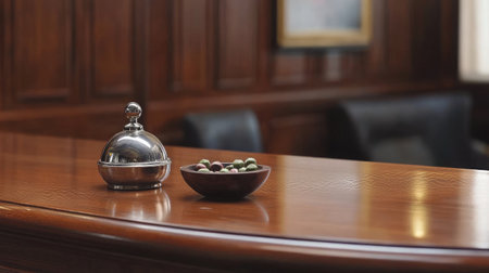 An inviting concierge area featuring a wooden desk, a service bell, and a bowl of complimentary mints for guests.の素材