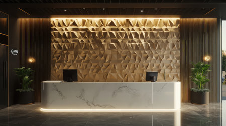 A contemporary reception area with a marble check-in counter, a digital concierge screen, and abstract wall art.の素材