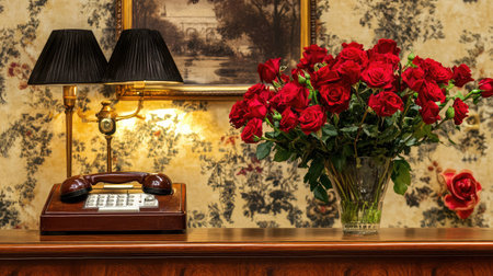 A classic hotel reception area with a wooden check-in counter, an antique telephone, and a vase of roses.の素材