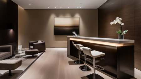 A modern check-out area showcasing a sleek counter, a wall-mounted art piece, and ambient floor lighting.の素材