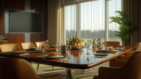 A hotel boardroom featuring a polished wooden table, high-back chairs, and a built-in video conferencing system.の素材
