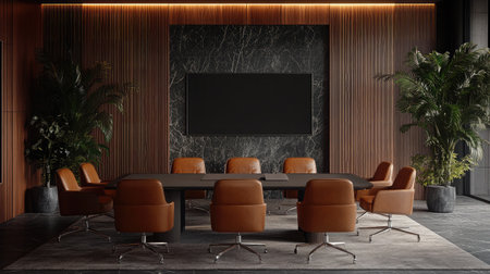 A modern conference room equipped with a smartboard, minimalist design, and comfortable chairs arranged around a central table.の素材