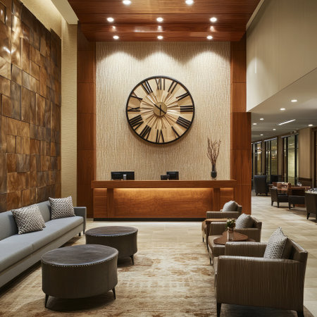 A hotel lobby showcasing a wooden reception desk, a decorative wall clock, and a seating area with plush sofas.の素材