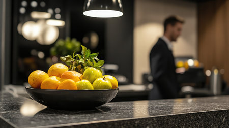 A luxurious hotel check-out area with a granite counter, a decorative bowl of fresh fruit, and ambient pendant lighting.の素材