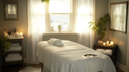 A serene hotel spa room featuring a massage table adorned with fresh white linens, soft ambient lighting, and aromatic candles creating a tranquil atmosphere.の素材