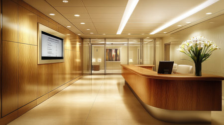 A contemporary reception area featuring a wooden desk, a digital concierge screen, and a vase of lilies.の素材