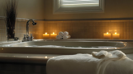 A luxurious hotel spa suite showcasing a freestanding soaking tub surrounded by flickering candles, plush towels, and a backdrop of calming neutral tones.の素材