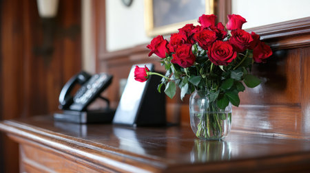 A classic hotel reception area with a wooden check-in counter, an antique telephone, and a vase of roses.の素材