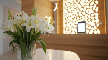 A contemporary reception area featuring a wooden desk, a digital concierge screen, and a vase of lilies.の素材