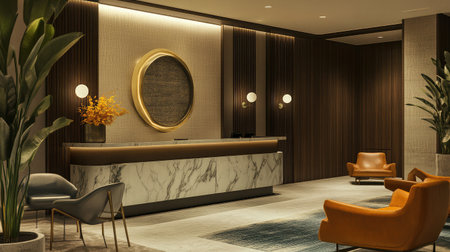 A hotel lobby showcasing a marble reception desk, a decorative wall mirror, and a seating area with modern chairs.の素材