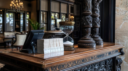 A hotel front desk with a polished service bell, a stack of welcome envelopes containing key cards, and a decorative hourglass.の素材