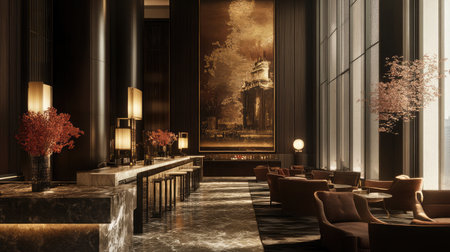 An elegant hotel lobby showcasing a marble check-in counter, decorative wall art, and a plush seating area with contemporary furniture.の素材