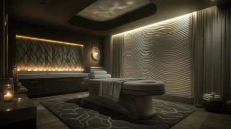 A serene hotel spa room featuring a massage table adorned with fresh white linens, soft ambient lighting, and aromatic candles creating a tranquil atmosphere.の素材