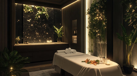 A serene hotel spa room featuring a massage table adorned with fresh white linens, soft ambient lighting, and aromatic candles creating a tranquil atmosphere.の素材