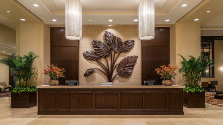 A luxurious reception desk adorned with a decorative sculpture, a guest feedback book, and elegant pendant lighting.の素材