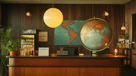 A contemporary hotel reception desk adorned with a world globe, a guest feedback form, and a sleek desk lamp.の素材