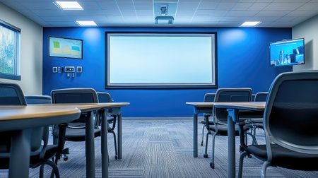 A contemporary conference space with a large interactive whiteboard, sleek furniture, and recessed lighting.の素材