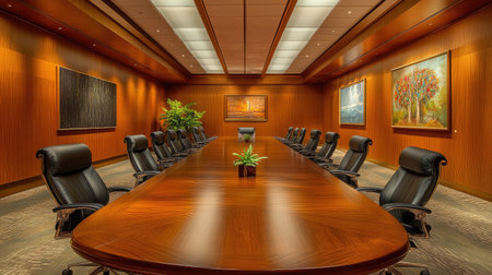 A sophisticated boardroom with a long wooden table, leather chairs, and modern art pieces on the walls.の素材