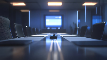 A high-tech conference room with integrated video conferencing equipment, sleek design, and a minimalist aesthetic.の素材