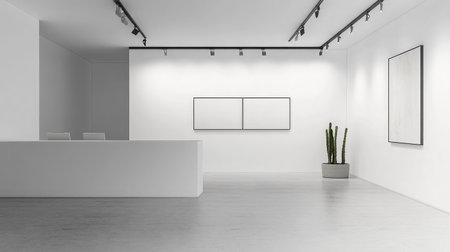 A minimalist check-out area featuring a sleek white counter, a wall-mounted art installation, and a small potted cactus.の素材