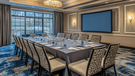 A hotel conference space featuring a large table, plush chairs, and a wall-mounted screen for video presentations.の素材