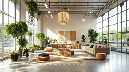 A spacious meeting area with modular furniture allowing flexible seating arrangements, neutral color palette, and large windows.の素材