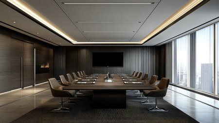 A high-tech conference room with integrated video conferencing equipment, sleek design, and a minimalist aesthetic.の素材