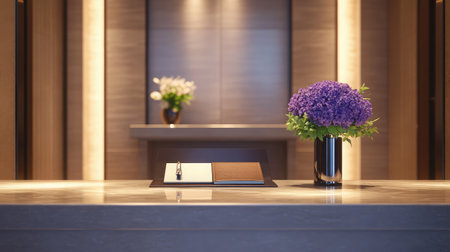 An elegant concierge counter featuring a leather-bound guestbook, a fountain pen, and a small potted plant for decoration.の素材