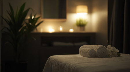 A serene hotel spa room featuring a massage table adorned with fresh white linens, soft ambient lighting, and aromatic candles creating a tranquil atmosphere.の素材