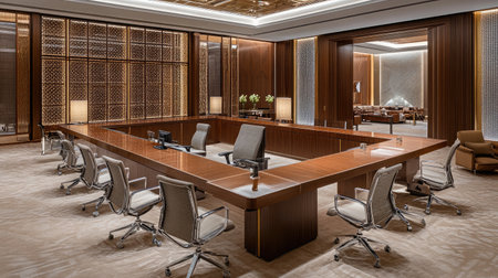 A hotel conference room featuring a long wooden table, ergonomic mesh chairs, and a built-in sound system for clear audio.の素材