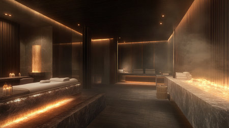 A modern hotel spa room featuring a heated stone massage bed, dimmed lighting, and aromatic essential oils diffusing a calming scent throughout the space.の素材