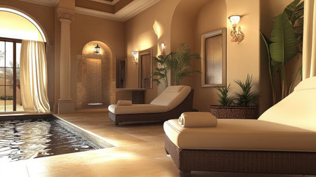 An elegant hotel spa lounge area with comfortable chaise lounges, soft ambient lighting, and a tranquil water feature enhancing the relaxing atmosphere.の素材