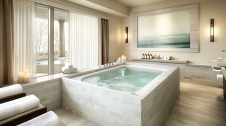 A luxurious hotel spa suite showcasing a freestanding soaking tub surrounded by flickering candles, plush towels, and a backdrop of calming neutral tones.の素材