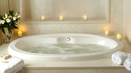 A luxurious hotel spa suite showcasing a freestanding soaking tub surrounded by flickering candles, plush towels, and a backdrop of calming neutral tones.の素材