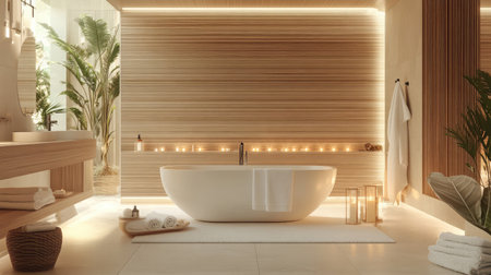 A luxurious hotel spa suite showcasing a freestanding soaking tub surrounded by flickering candles, plush towels, and a backdrop of calming neutral tones.の素材