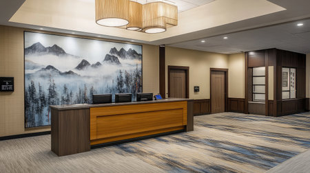 A spacious hotel reception area with a wooden check-in counter, digital information display, and a backdrop of artistic wall panels.の素材