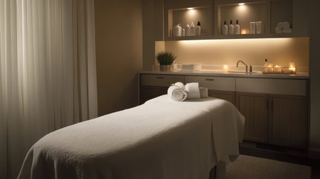 A serene hotel spa room featuring a massage table adorned with fresh white linens, soft ambient lighting, and aromatic candles creating a tranquil atmosphere.の素材