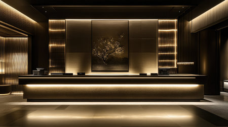 A modern check-in area showcasing a sleek counter, a wall-mounted art piece, and ambient floor lighting.の素材