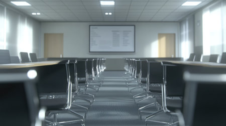 A modern conference room equipped with a smartboard, minimalist design, and comfortable chairs arranged around a central table.の素材