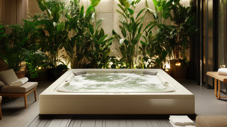 A tranquil hotel spa area with a bubbling hot tub, surrounded by lush indoor plants, soft lighting, and neatly folded towels ready for use.の素材