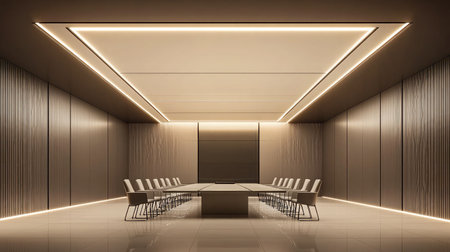A modern meeting room equipped with a smartboard, minimalist design, and comfortable chairs arranged around a central table.の素材