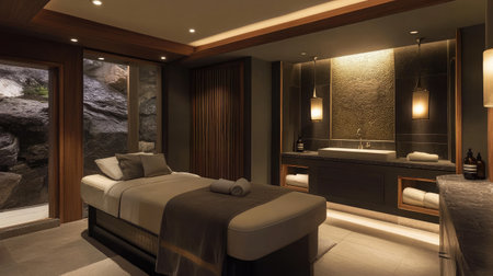 A modern hotel spa room featuring a heated stone massage bed, dimmed lighting, and aromatic essential oils diffusing a calming scent throughout the space.の素材