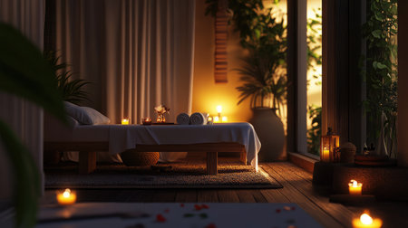 A serene hotel spa room featuring a massage table adorned with fresh white linens, soft ambient lighting, and aromatic candles creating a tranquil atmosphere.の素材