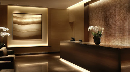 A modern check-in area showcasing a sleek counter, a wall-mounted art piece, and ambient floor lighting.の素材