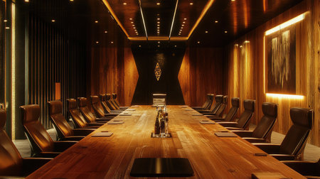 A sophisticated boardroom with a long wooden table, leather chairs, and modern art pieces on the walls.の素材