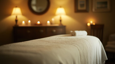 A serene hotel spa room featuring a massage table adorned with fresh white linens, soft ambient lighting, and aromatic candles creating a tranquil atmosphere.の素材