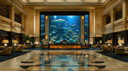 A spacious lobby with a marble check-in counter, a large aquarium backdrop, and comfortable seating arrangements.の素材